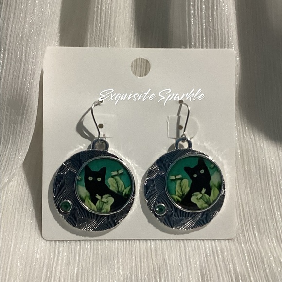 😸Oxidized Silver Alloy Black Cat Circular Hook Drop Earrings - Picture 2 of 15